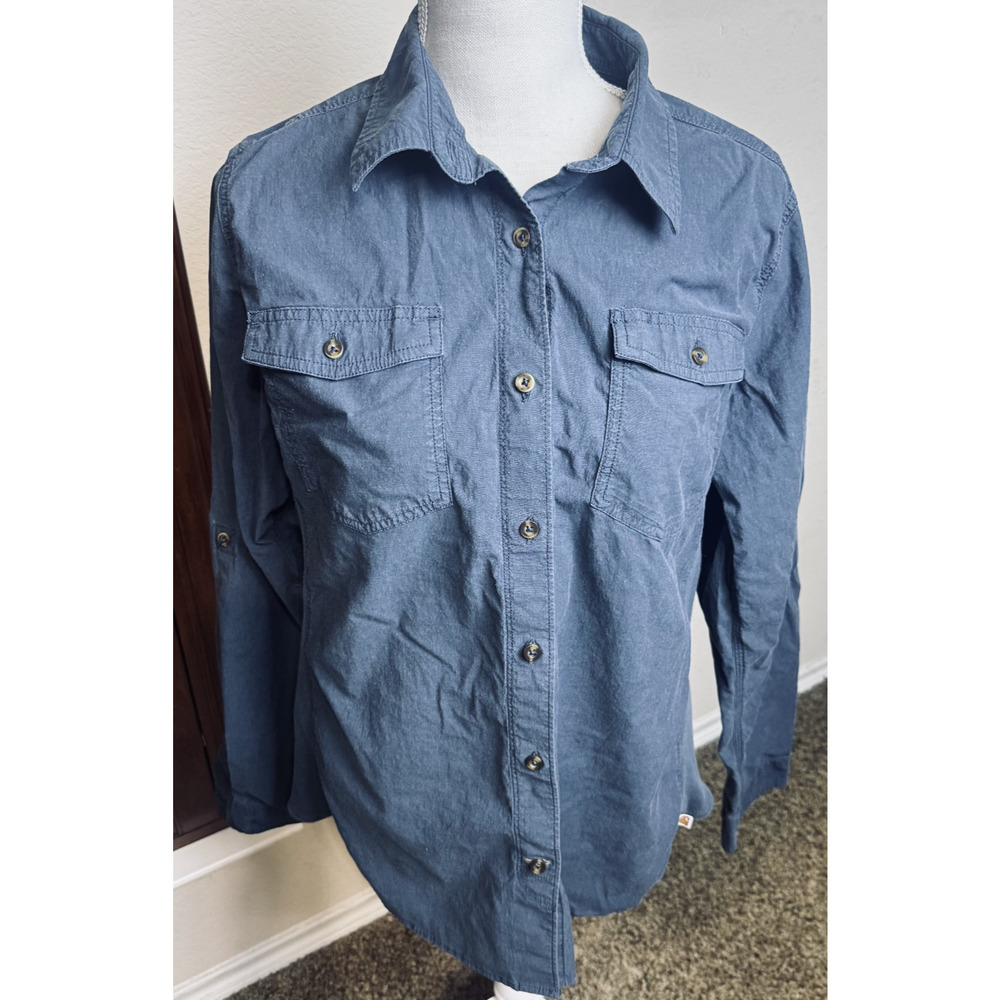 Carhartt Women's Shirt button up Navy Blue Long-Sleeve Work Western Sz L